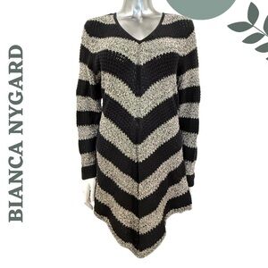 Bianca Nygard Chevron Knit Sweater Tunic Black Tan Long Sleeve Large